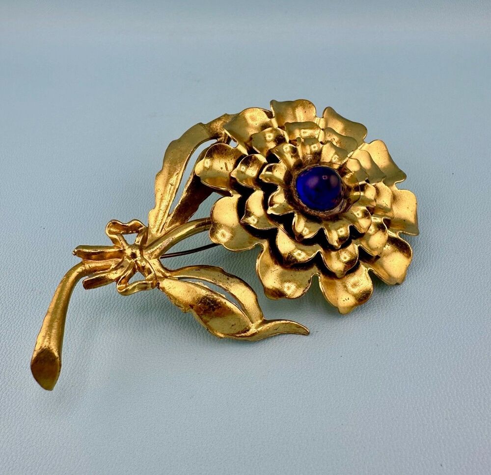 Vintage Pot Metal Flower Brooch Pin Blue Glass Bombe Cabochon Gold Tone LG 3.5"
